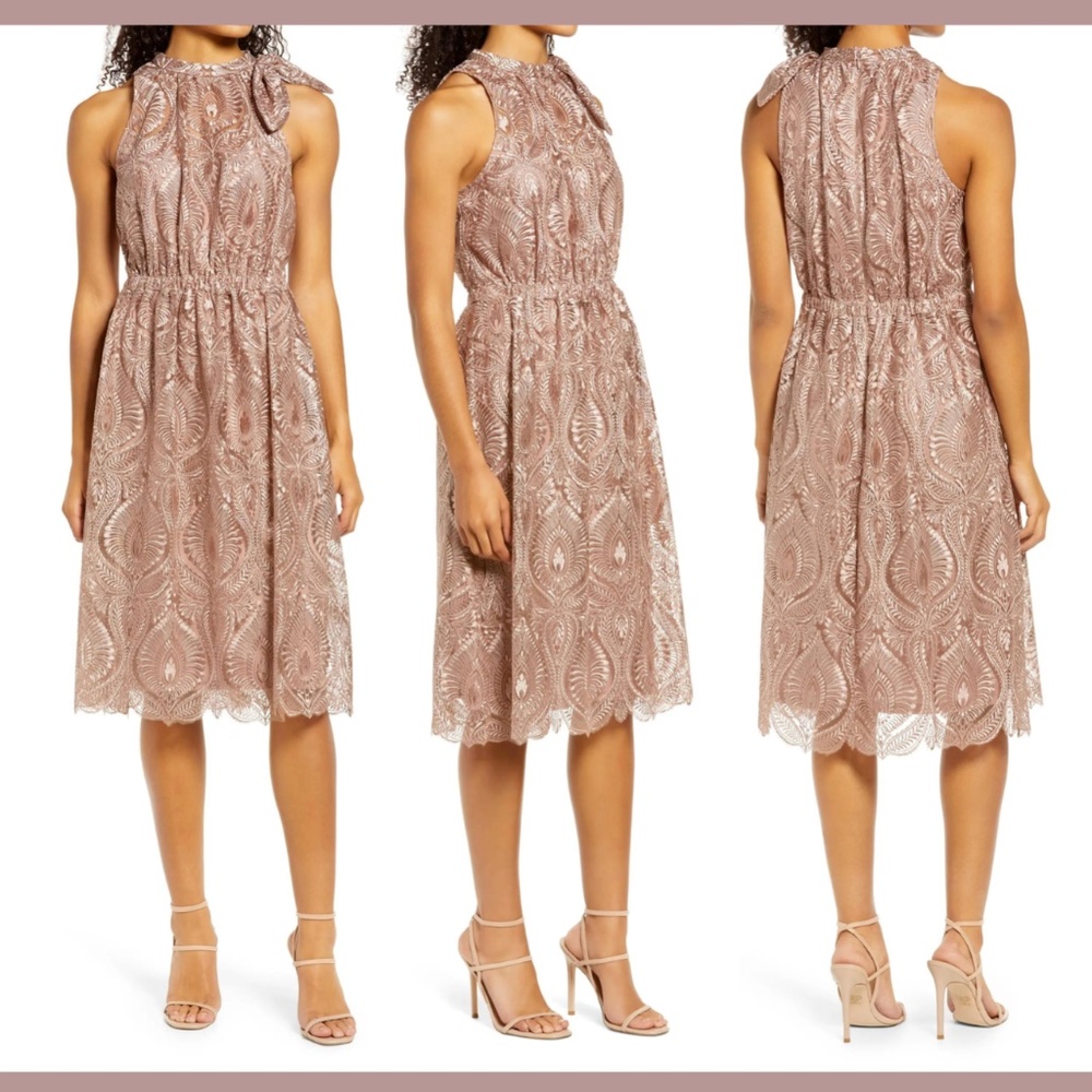 NWT $228 JS Collections [ 16 ] Embroidered Halter Neck‎ Flare Dress Latte